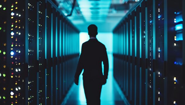 Silhouette of a person walking through a data center, surrounded by servers.