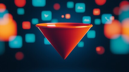 A vibrant, red funnel floating against a backdrop of colorful digital squares, symbolizing data flow and technology.