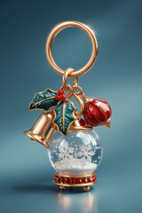 studio shot of a luxury 3d keychain with Christmas-themed charms (holly leaves, bell, snow globe), sharp details, high-end product photography lighting, clean gradient background