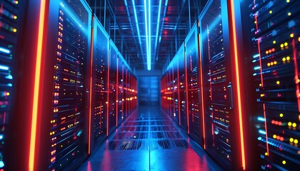 A futuristic server room illuminated by vibrant red and blue lights, showcasing rows of computer servers.