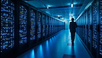 A lone technician walks through a vast, dimly lit server room, rows of humming data storage units lining the corridor.