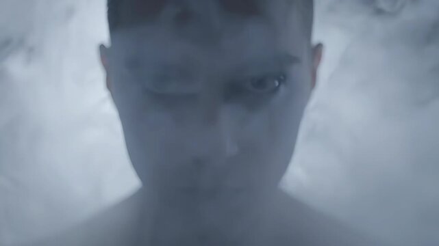 Person Stares Intensely, Face Obscured by Dense Smoke, Creating a Halloween Atmosphere, a Chilling and Unsettling Sight