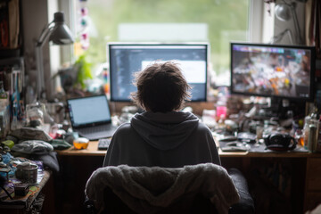 Young Male IT Worker in Pajamas Sitting at Messy Desk with Laptop and Monitor