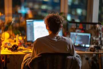 Young Male IT Worker in Pajamas Sitting at Messy Desk with Laptop and Monitor