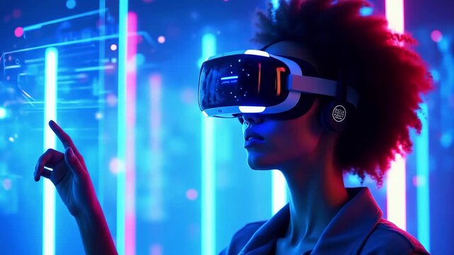 A woman experiencing virtual reality in a futuristic setting with neon lights and digital elements