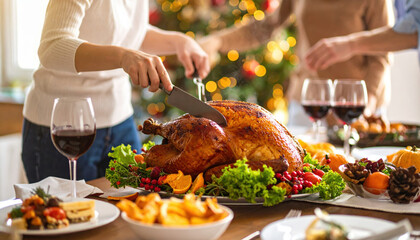 Thanksgiving turkey carving with festive table setting and wine glasses, joyful holiday celebration with friends and family enjoying delicious meal