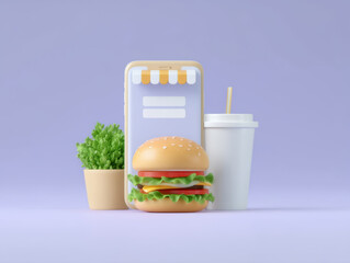Food delivery online order, Online food delivery order concept with smartphone hamburger drink and plant on purple background