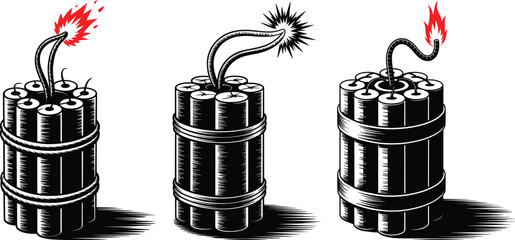 Dynamite Bomb Bundle Set Vector, Explosive Sticks with Burning Fuse Illustration.
