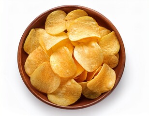 bowl full of potato chips top view on white background