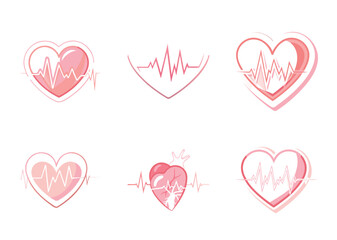 Stylized Vector Heart Illustrations with Heartbeat Line Art on White Background