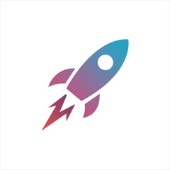 Stylized rocket ship with gradient colors and exhaust flames on white background