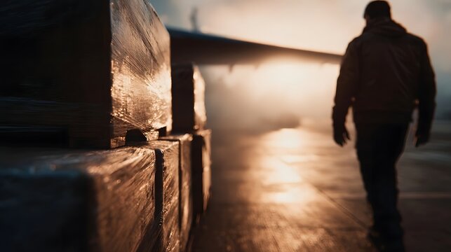 A person walks past stacked cargo crates on an airport tar during a warm sunrise highlighting global transport logistics and delivery