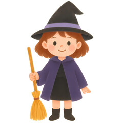Cute Little Witch with Broom Halloween Illustration