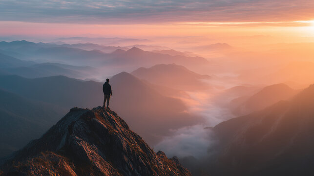 The image shows a person standing on the edge of a rocky mountain peak, overlooking a breathtaking landscape of misty valleys and rolling hills. The sky glows with warm hues of orange and pink as the 