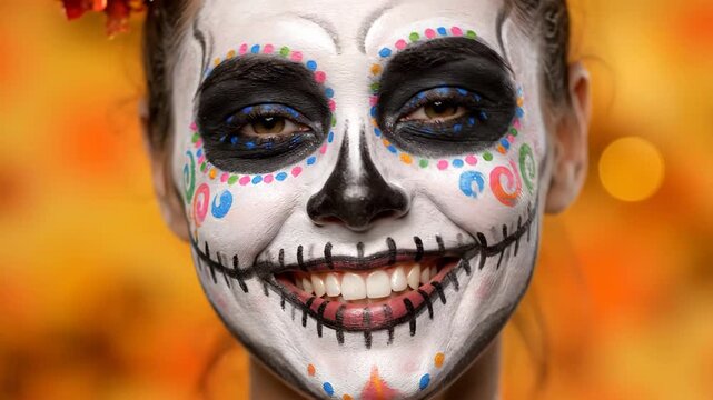 Woman With Intricate Sugar Skull Makeup for Halloween Smiles Widely in Front of an Orange Background, Displaying the Colorful Detail in Her Costume