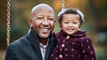 Happy father and daughter enjoying autumn day on playground swing, smiling together in nature with warm colors of fall background
