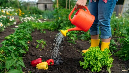 Woman watering pepper plants in a garden