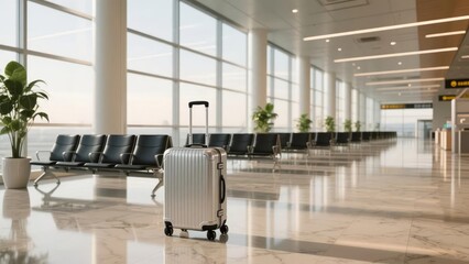 Silver suitcase stands alone in a spacious, modern airport terminal with rows of empty seats and large windows.