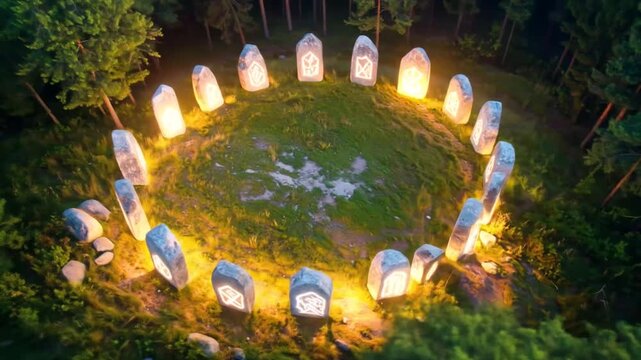 Glowing Rune Stones Circle in Forest Clearing