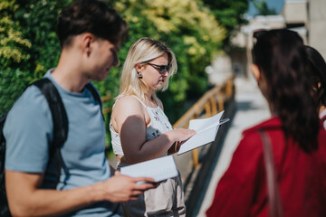 A group of students gathered outdoors, reading and discussing their studies in a sunny setting.
