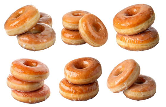 Delicious glazed donuts positioned in an appealing arrangement showcase their shiny surface. Ideal for dessert lovers or breakfast indulgence, these treats promise satisfaction.