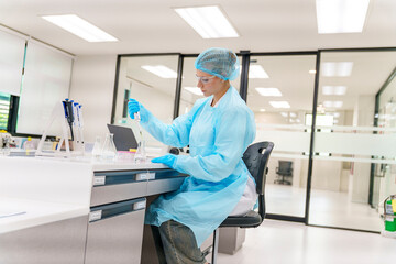 Naklejka premium Laboratory technician conducting experiments in a modern lab during daytime