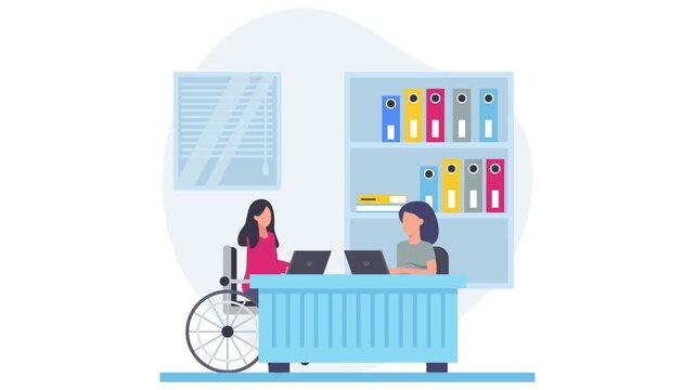 Two women working together and sharing fist bump animation, workplace diversity animated video, employment rehabilitation clip, people with disabilities footage, accessible workspace motion