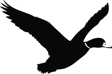 Flying duck silhouette vector, mallard bird in flight, wild waterfowl icon, black isolated duck illustration on white background design