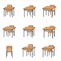 Collection of simple illustrations depicting school desks and chairs from multiple angles, suitable for educational design and classroom concepts.