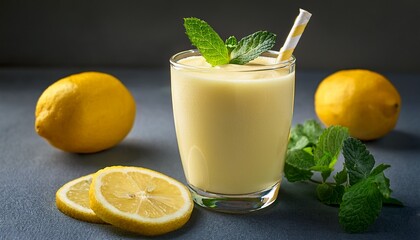 a refreshing lemon smoothie garnished with mint served in a clear glass with fresh lemons and mint leaves nearby