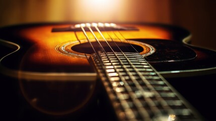 Close-Up View of Acoustic Guitar with Warm Lighting and Textures