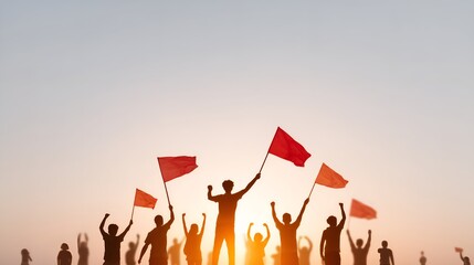 Dynamic team celebrating victory with red flags raised against a warm, golden sunset backdrop