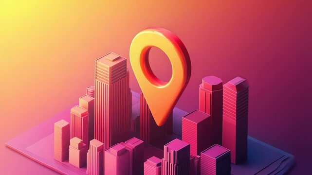 Location pin hovering over vibrant cityscape on map