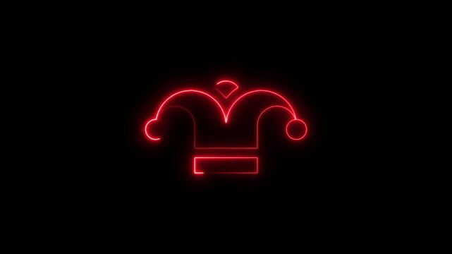 Red neon light silhouette of a jester hat on black background abstract art