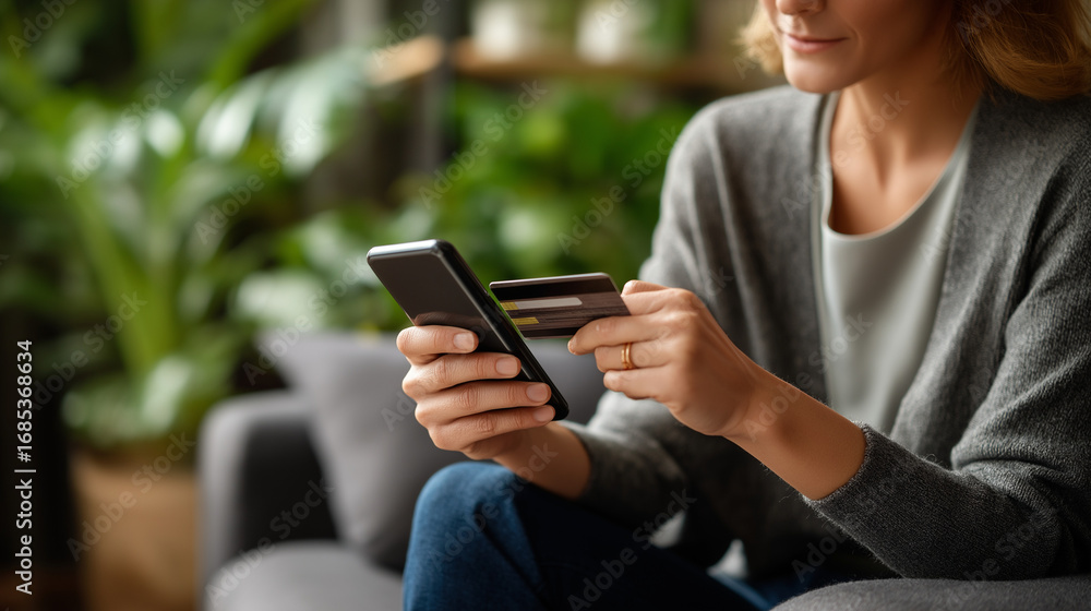 Poster palms mobile and payment card on couch with web purchase deal and simple transaction on internet in 