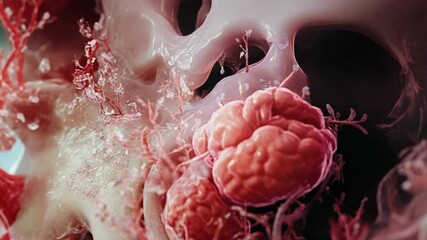 Brain tumor growing and spreading inside human brain, showing blood vessels and nervous system