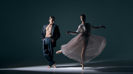 Ballet dancers facing each other with flowing movement. Concept of emotional dialogue, art, fashion, connection, and contemporary performance. © Lustre Art Group 