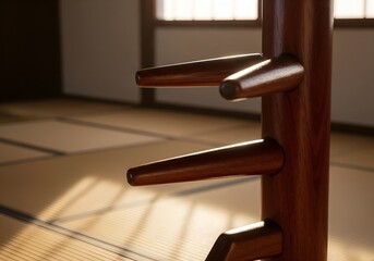 Medium Close-up of Weathered Wing Chun Wooden Dummy in Early Morning Dojo with Diffused Light and Polished Mahogany