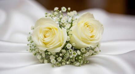 Elegant white roses and baby s breath boutonniere on silk fabric