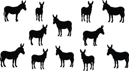 Set of donkey silhouettes, black donkey vector illustration, farm animal clipart, mule side view pose, domestic livestock isolated art