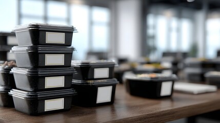 Stacks of black plastic food containers with white labels are arranged on a wooden table in a modern office setting for corporate catering