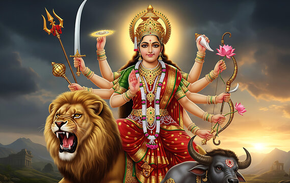 Divine Maa Durga statue worshipped during auspicious Navratri festival celebrations