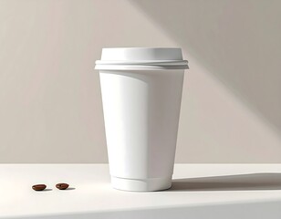Crisp white coffee cup with lid and scattered beans, perfect for branding and cafe promotions.