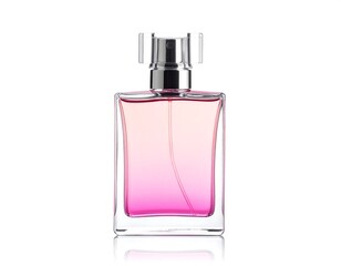 Elegant pink perfume bottle with gradient liquid and metallic accents, perfect for beauty and fragrance marketing