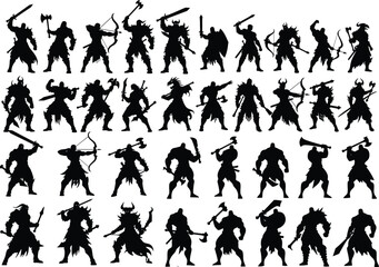 Dynamic warrior silhouettes ready for battle with swords, axes, and bows