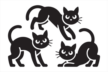 Obraz premium Three silhouetted black cats in playful poses silhouette white background