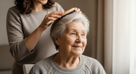 Caring caregiver brushing the hair of a smiling elderly woman by a window