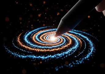 Finger touches glowing spiral galaxy creating stars in dark universe
