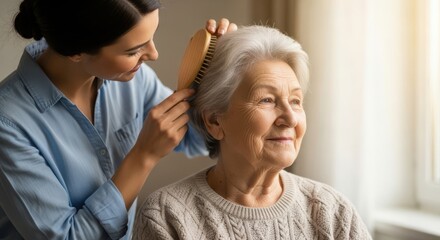 Caring caregiver brushing the hair of a smiling elderly woman by a window