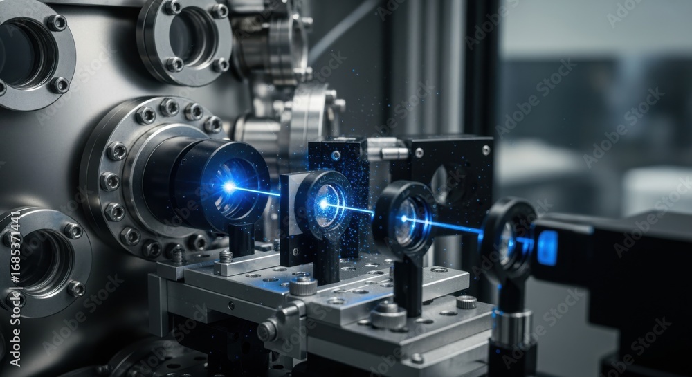 Poster macro image of laser beam passing through optical elements inside vacuum chamber setup tailored for 
